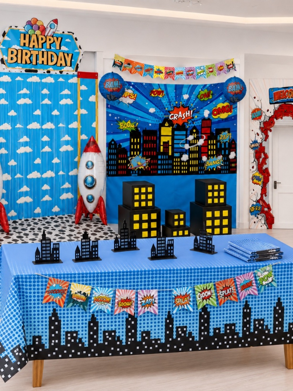 Toy Cartoon Superhero Birthday Decor 4-Set Bundle Backdrops Boxes New